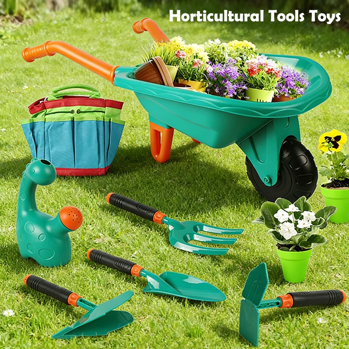Set di Attrezzi da Giardinaggio Giocattolo per Bambini, Carrello da Giardino e Spiaggia con Grembiule e Guanti, Strumenti per Piante e Fiori, Regalo per Ragazzi e Ragazze