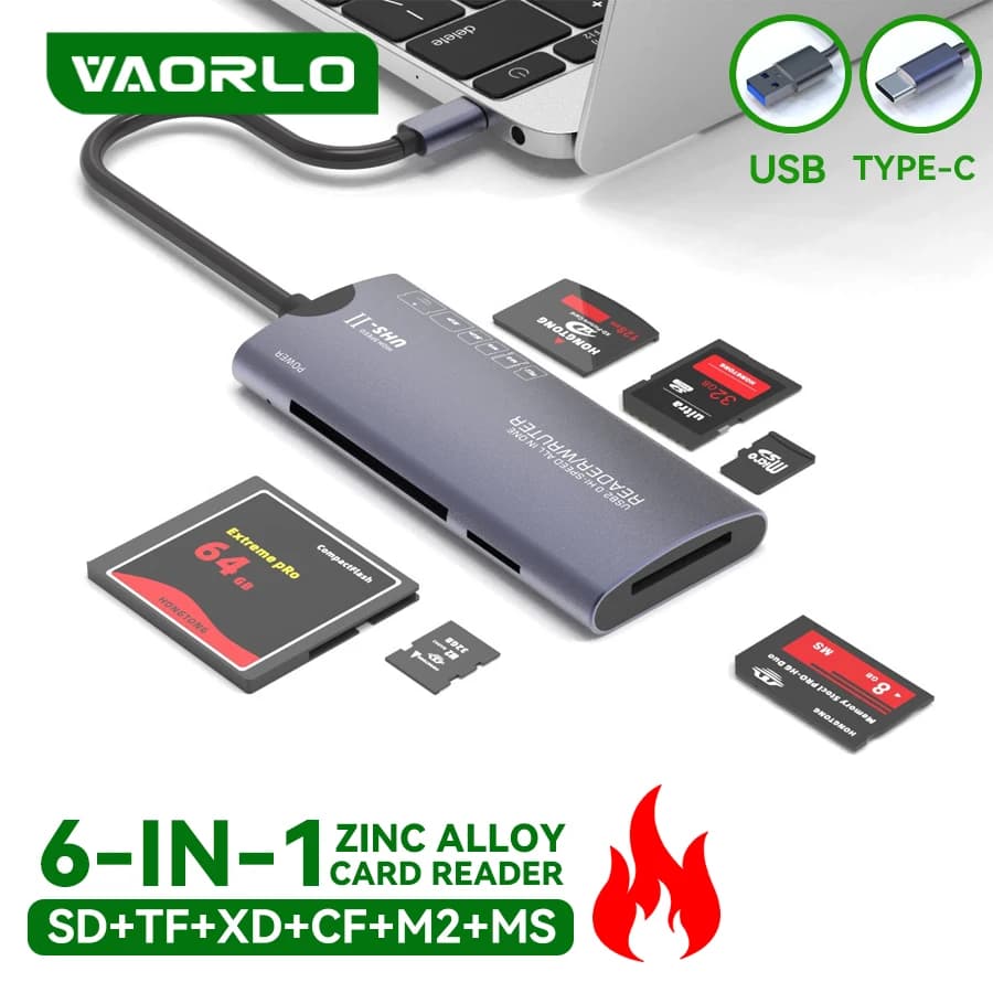Lettore di schede multifunzione USB 2.0/TYPE-C 6 in 1, supporta schede di memoria SD/TF/XD/CF/M2, adatto per fotocamere e computer, trasferimento dati ad alta velocità di 480 Mbps, materiale in lega di alluminio