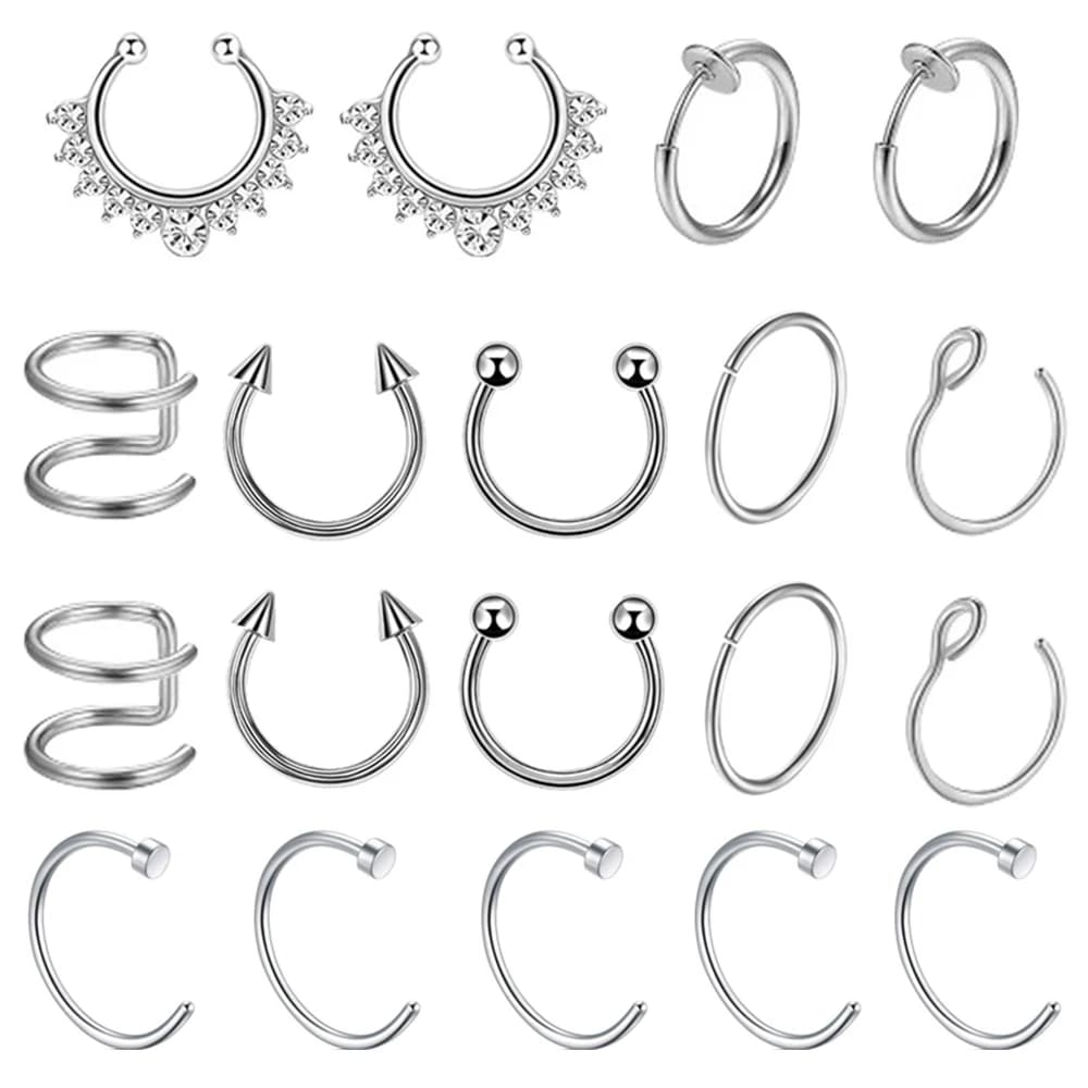 WKOUD 1/19PCS Fake Setto Piercing Nose Ring Nose Circle Nose Faux Piercing Rings Jewellery For Body Lips Don't Drill Clip Combination For Ear