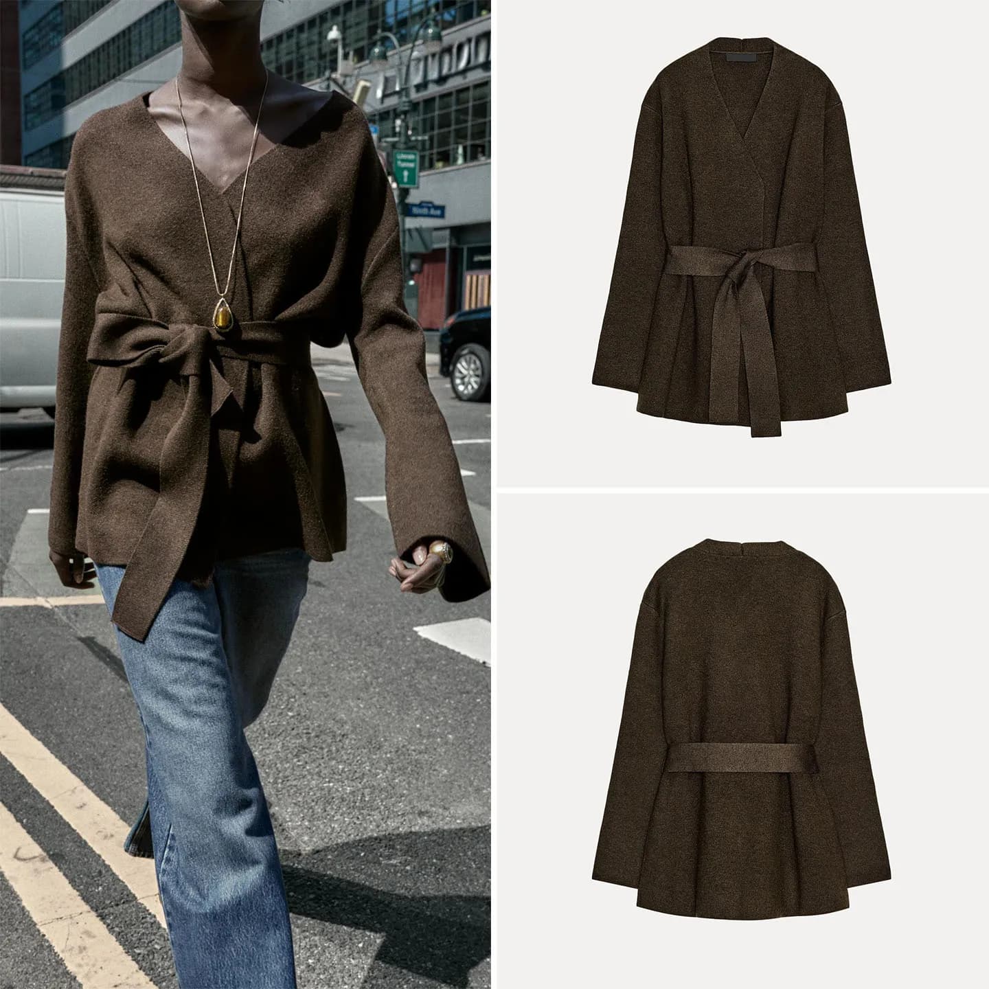 Giacca in maglia da donna Z 2025 Nuova moda Scollo a V Manica lunga Lavorazione a maglia piatta Cappotto autunnale elegante con cintura