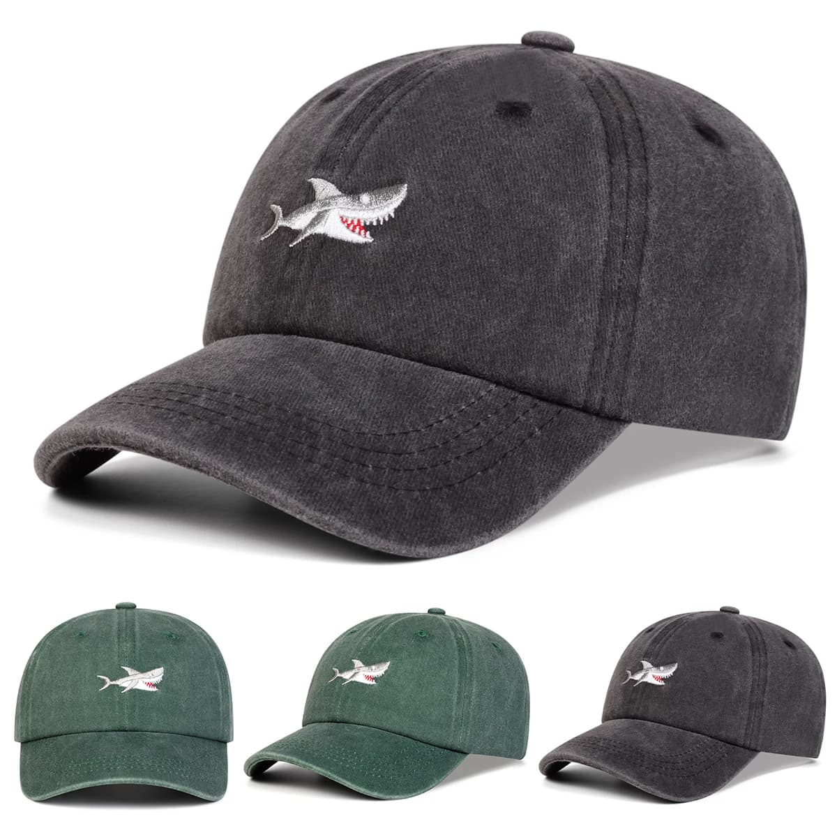 Children Shark Embroidered Washed Baseball Cap Spring Autumn Outdoor Adjustable Casual Hats Boy Girl Travel Sunscreen Hat