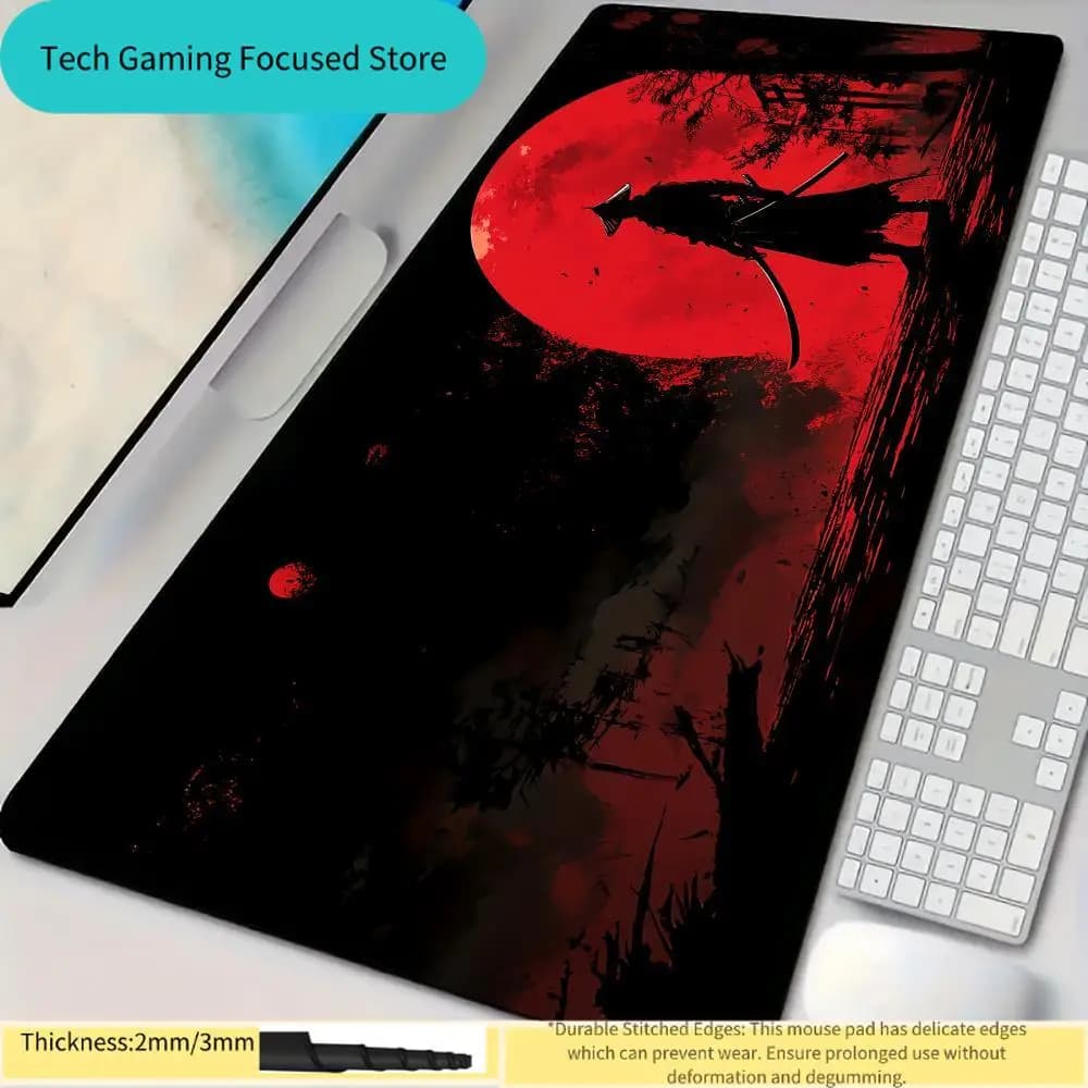 Tappetino per mouse con design samurai a luna piena rossa, tappetino da scrivania con bordi cuciti, base in gomma antiscivolo, accessori per PC, tappetino da gioco, tappetino per mouse