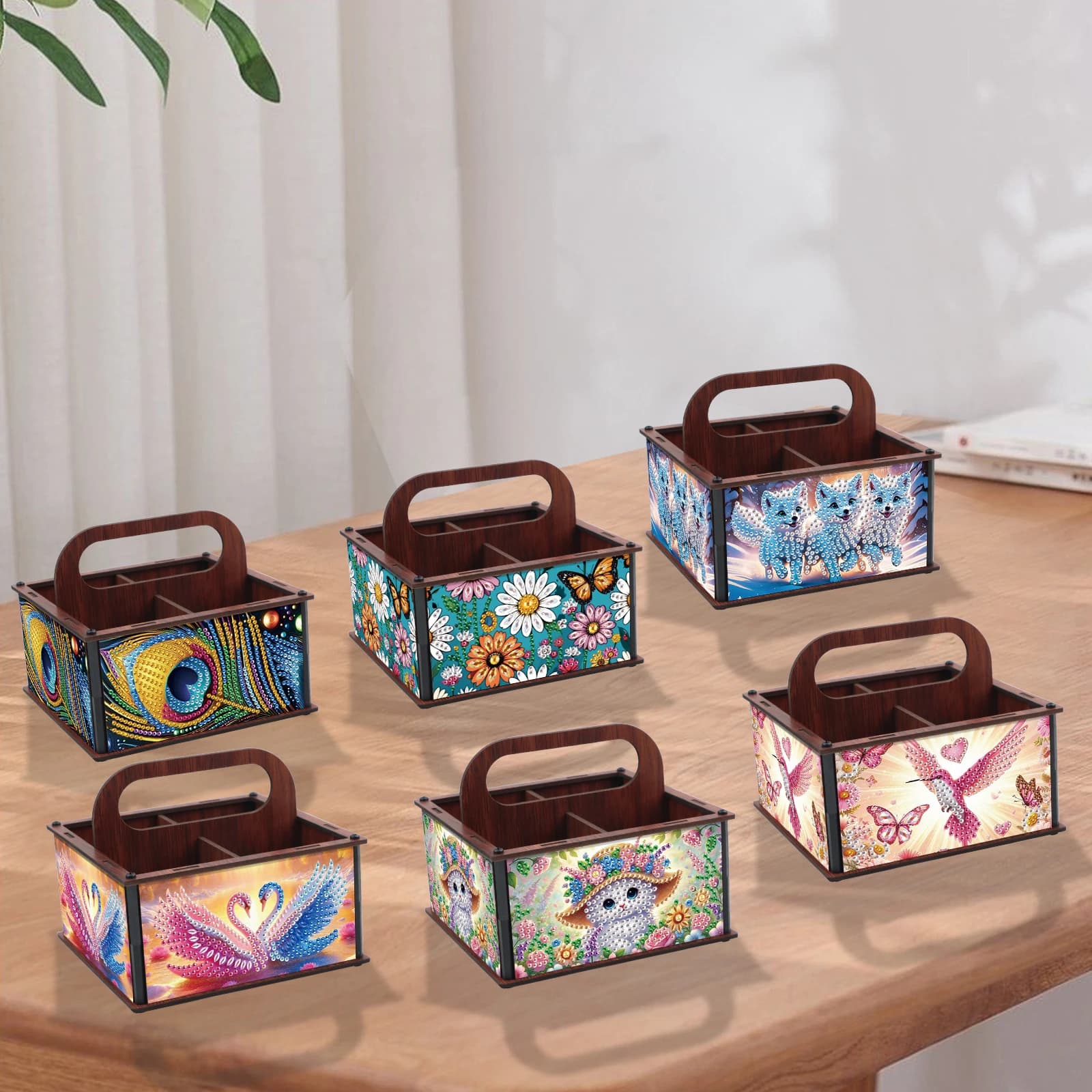 Kit di scatole di immagazzinaggio portatili per pittura con diamanti, scatola di immagazzinaggio portatile in legno con forma speciale di animali, regalo fatto a mano
