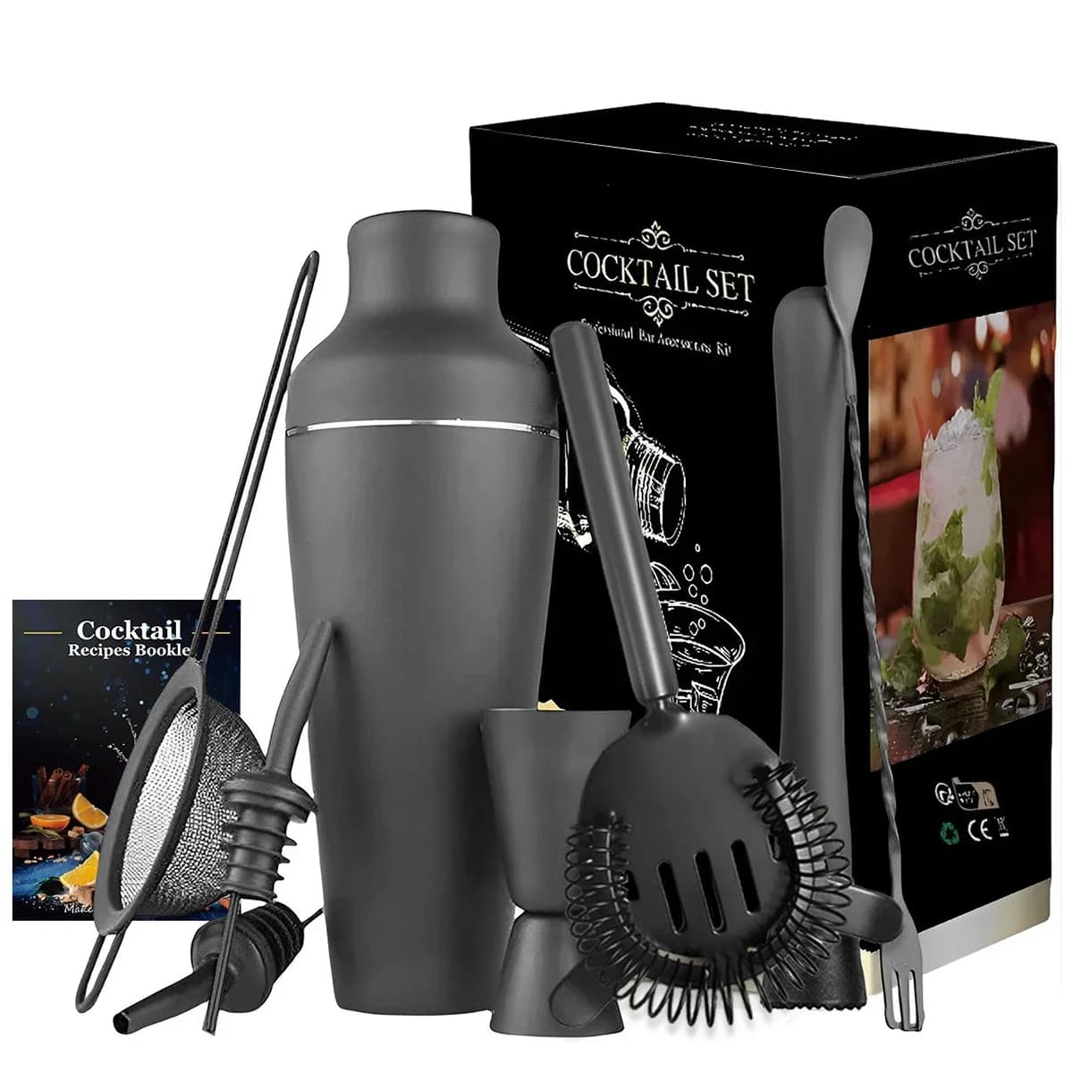 8Pcs Cocktail Shaker Set Matte Black Wine Martini Drink Mixer Bartending Equipment Barware tools Bartender Kit per Home Bar