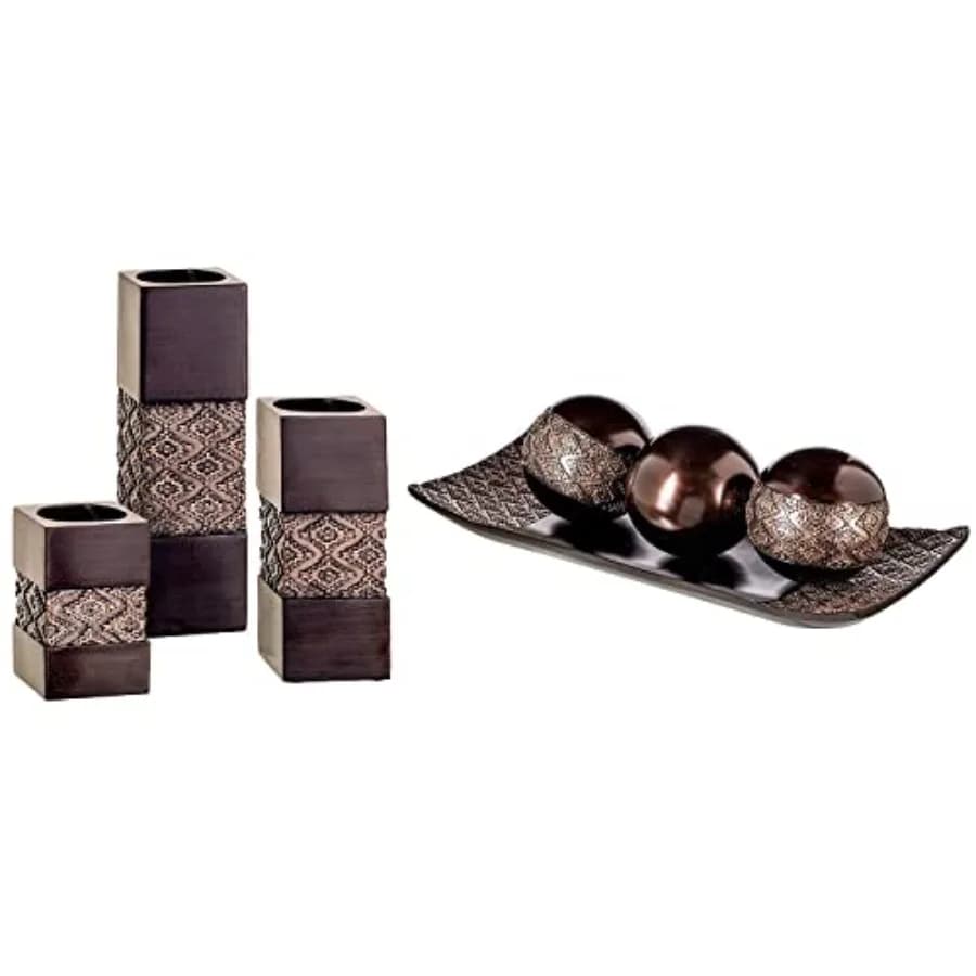 Set di Vassoio Decorativo Dublin Brown e 3 Sfere con Portacandele Tealight - Centrotavola per Soggiorno o Sala da Pranzo, Cof