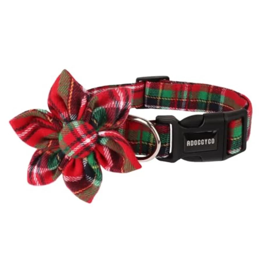 Christmas Dog Collar with Detachable Floral, Adjustable Red Green Plaid Christmas Floral Collars for Dogs