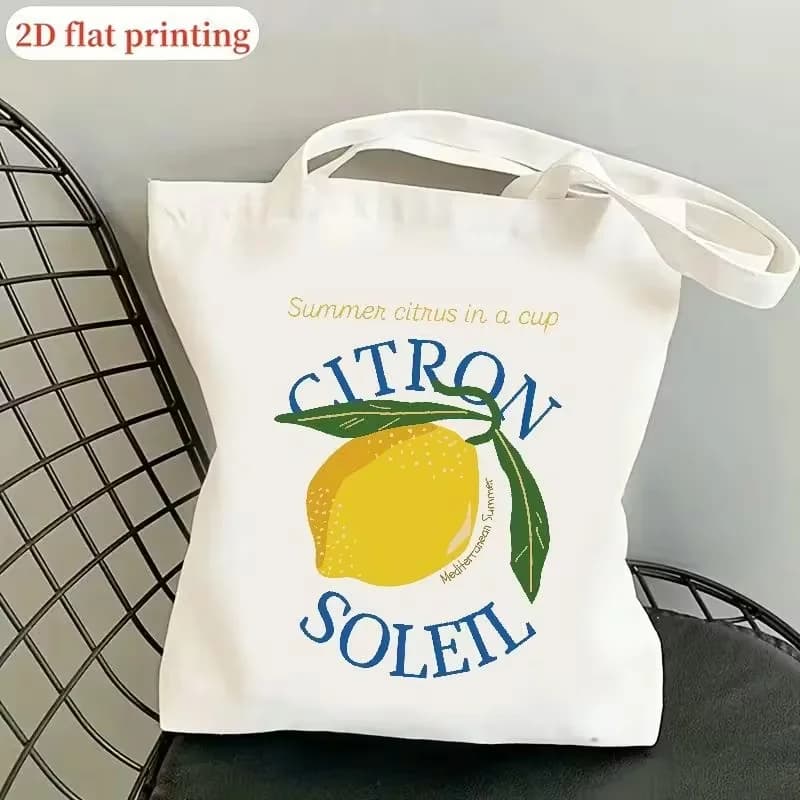 Borsa Tote in Tela Stile Mediterraneo con Stampa Grafica Limoni, Borsa da Spiaggia Estiva Italiana per Donne
