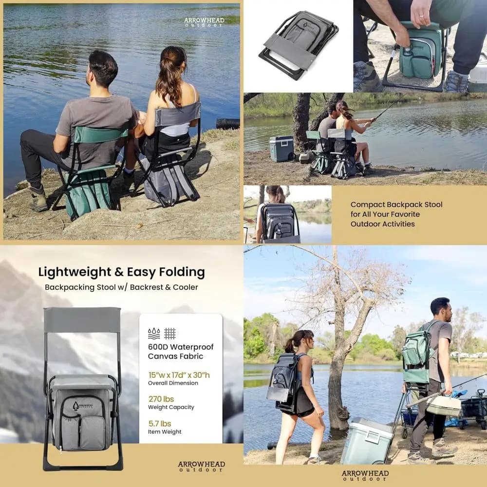 Sedia da Campeggio 3-in-1 Portatile: Zaino, Sgabello, Borsa Termica con Portabottiglie, Vano Portaoggetti e Tasche per Avventure all'Aperto