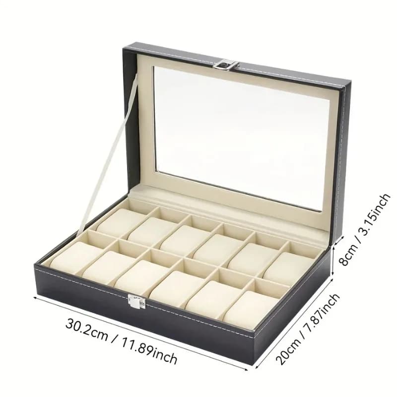 12 Slot Synthetic Leather Watch Display Case 1pc Watch Organizer with Lock Removable Pillows for Men Travel Gift