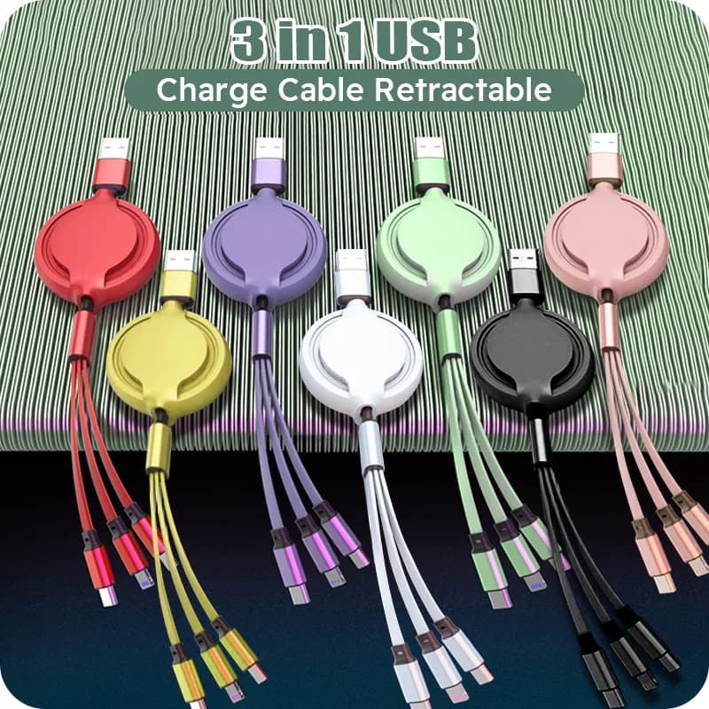 USB 3 in 1 Retractable Data Cable for Samsung Huawei Xiaomi Multiport Charging Cable
