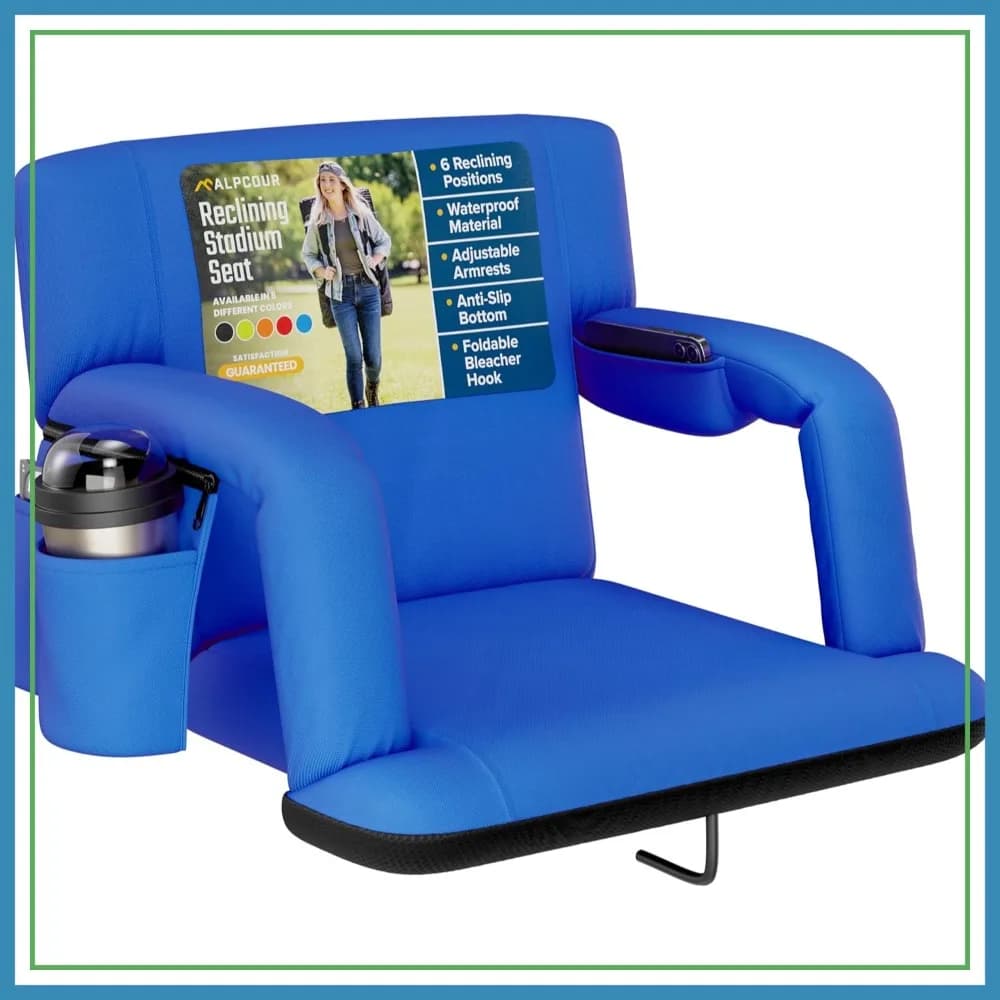 Sedile Reclinabile da Stadio con Supporto Lombare e Cuscino, Braccioli, Tasche Laterali, Gancio per Gradinata, Ideale per Campeggio, Kayak, Paddle Board