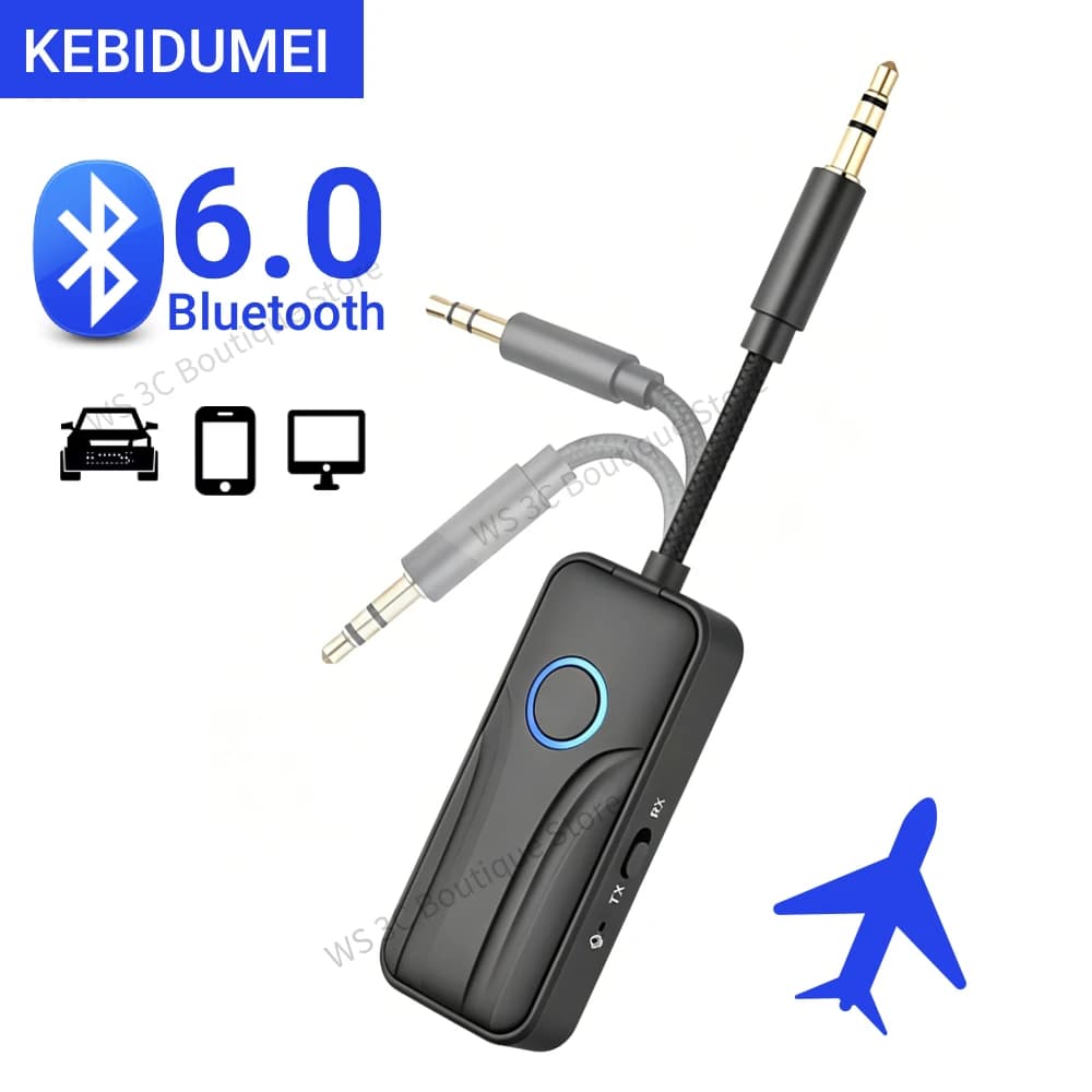 KEBIDUMEI Trasmettitore ricevitore Bluetooth 6.0 2 in 1 Adattatore audio wireless AUX da 3,5 mm con microfono per altoparlante per auto TV PC aereo