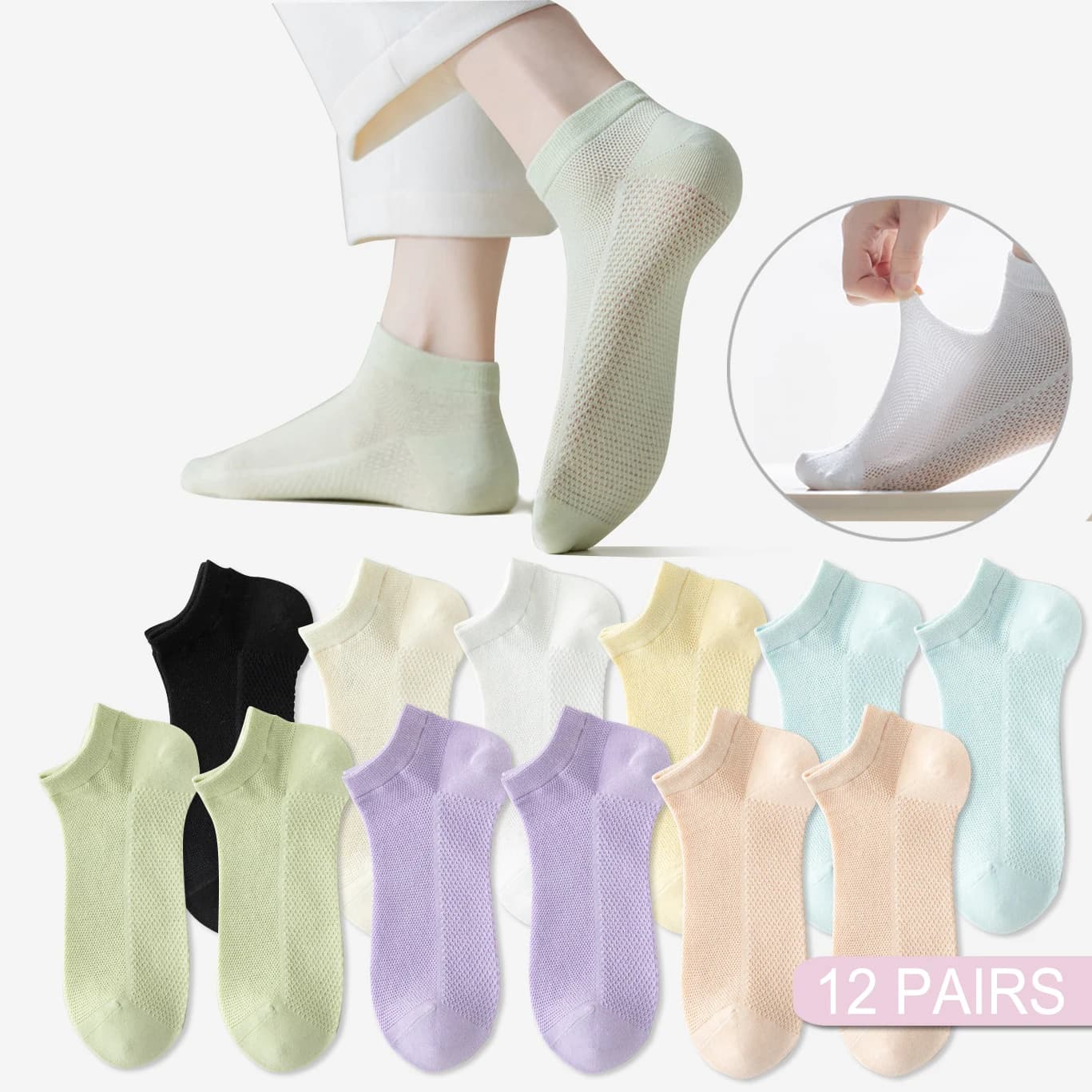 12 pairs of women's cotton socks new short socks in breathable slim net short cut colorful summer autumn girl sock US 5-9