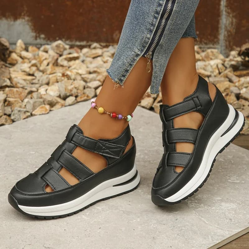 Women Hollow Velcro Platform Sandals, Ankle Strap Breathable Thick Wedge Sole Comfort Summer Outdoor Walking Shoes