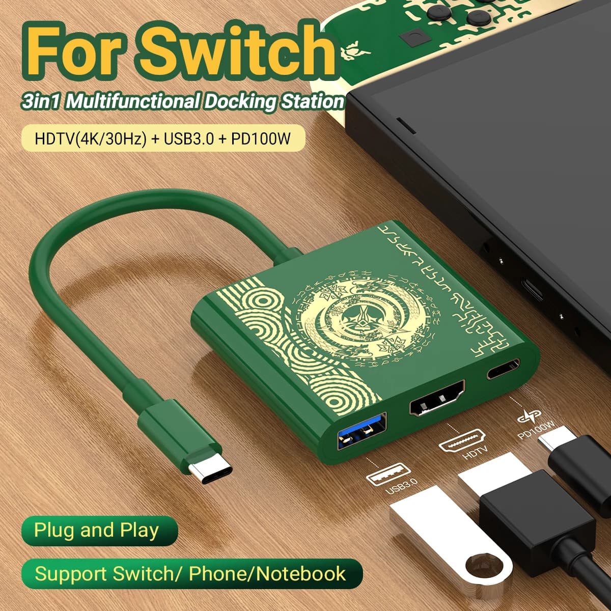 Docking Station PD100W for Switch/OLED, Dock TV Mode, USB-C to HDTV 4K with USB 3.0 Hub for Steam Deck, Telephone, iPad, Laptop