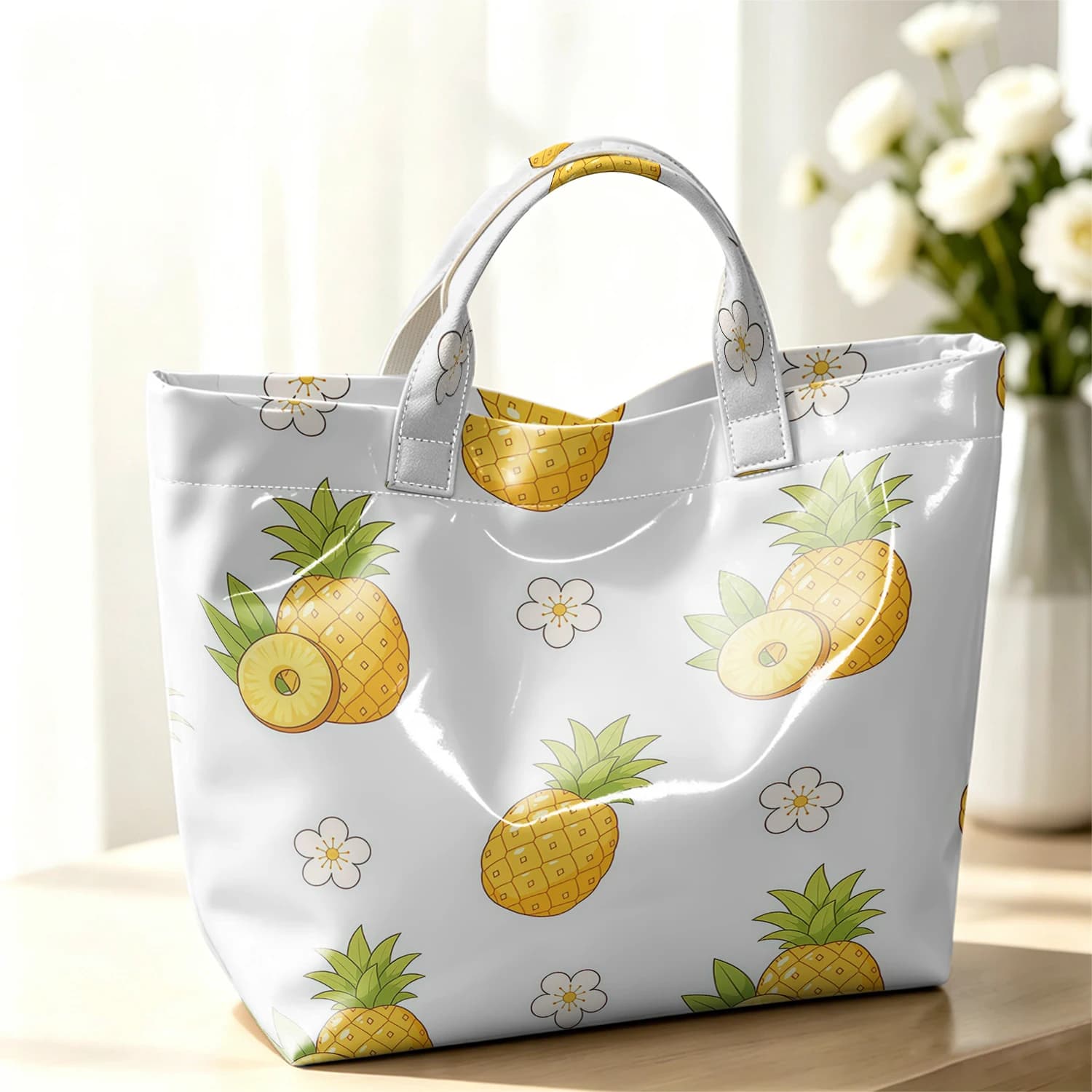 Pineapple Floral Hot Sale Large Glossy PVC Tote Bag Hand Washable Waterproof Great for Travel Commute Makeup Storage Handbags