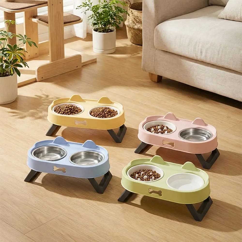 Stainless Steel Elevated Cat Bowl Cat Shaped Neck Protection Raised Pet Feeder Anti-Vomiting 15°Tilted Angle Dog Food Container