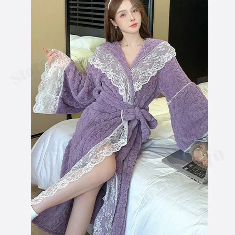 Sweet sexy nightgown in lace coral fleece often along winter dress new warm nightwear women's lingerie with kimono hood robe dress