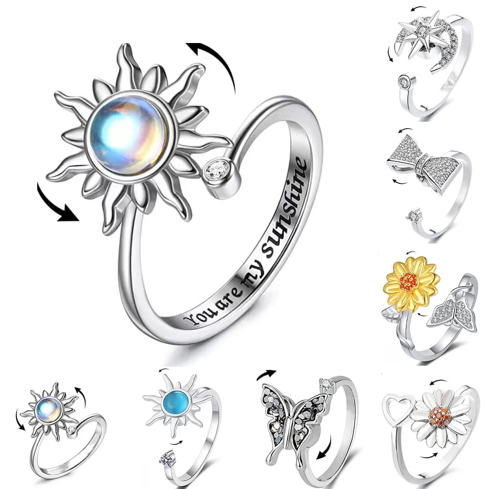 Anello Girevole Antistress Girasole in Cristallo per Ragazze, Anello da Dito in Rame Metallico Girevole Liberamente, Gioielli da Donna, Regali