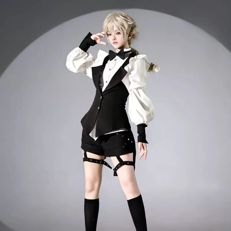 Complete Lolita Women's 3 Pieces: White Shirt with Gothic bow, Black vest, Top Y2K, Shorts, Vintage Casual Couple Style Prince