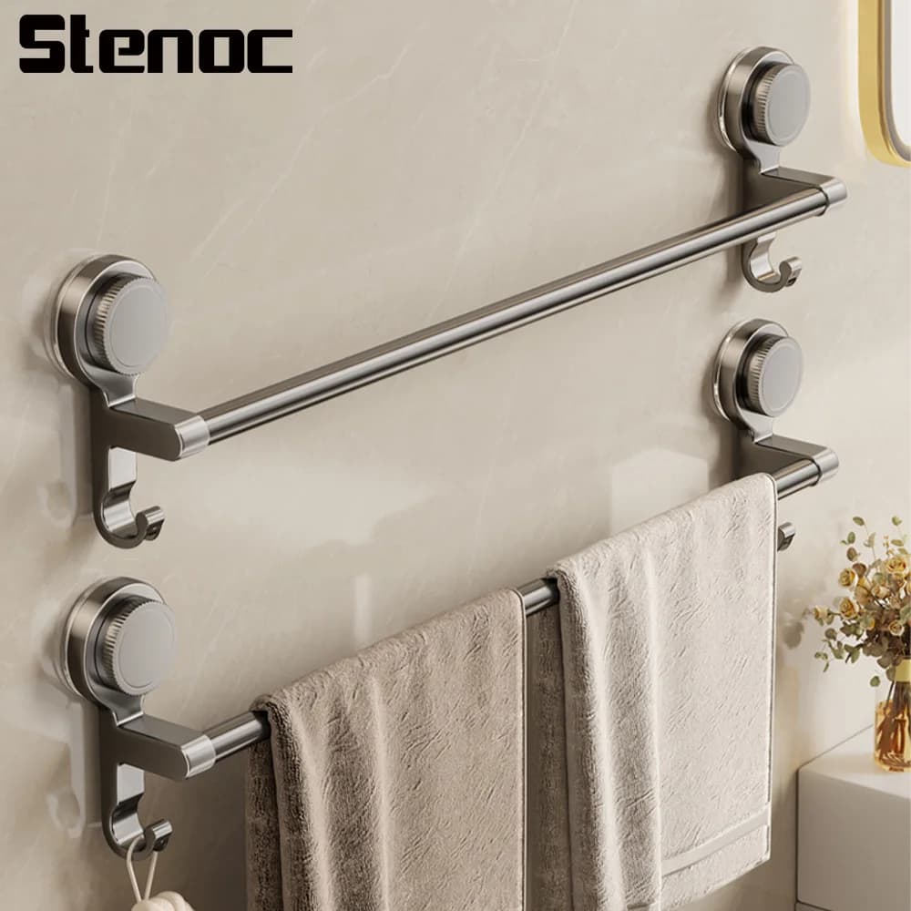 Portasciugamani da parete a ventosa per bagno, portaoggetti per asciugamani e ciabatte, a barra singola/doppia, organizer per cucina e bagno
