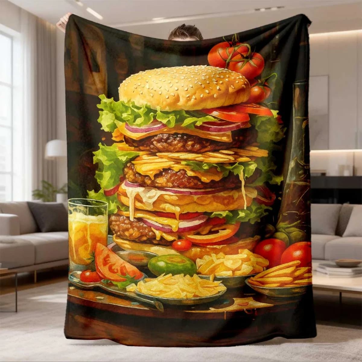 Giant Hamburger Food Print Flannel Blanket Cozy Throw Blanket Delicious Burger Fries Drink Pattern Bed Sofa Cover Home Decor