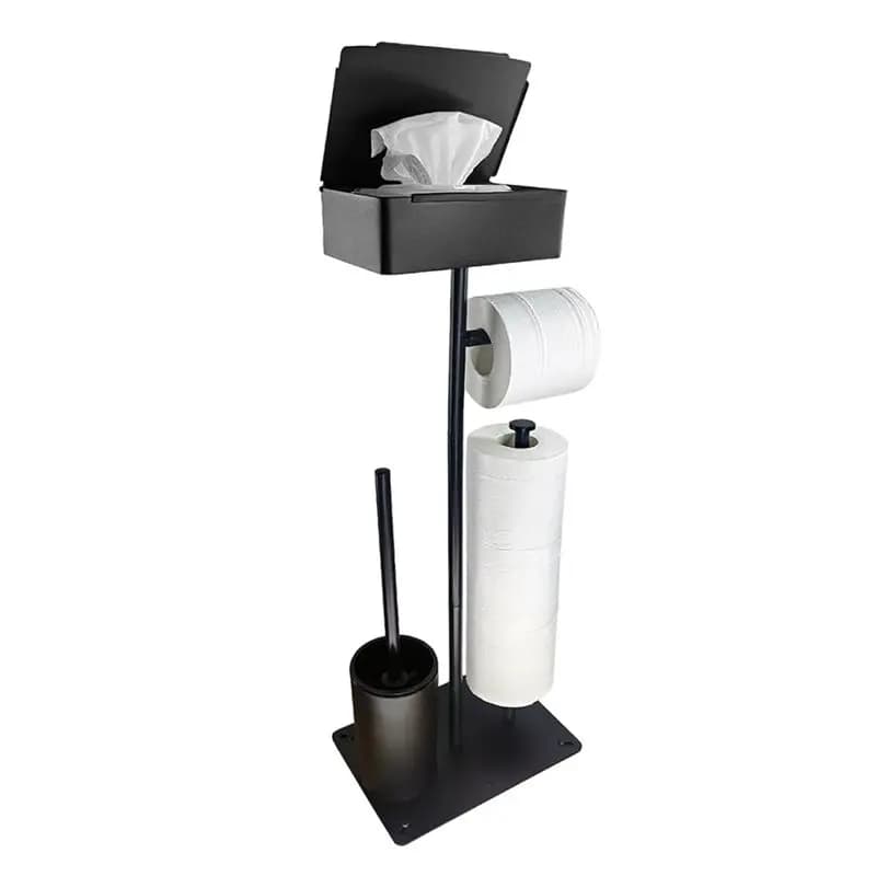AB41-Freestanding Toilet Paper Holder Bathroom Organizer Stand Black With Brush No Drill With Anti-Slip Base And Storage