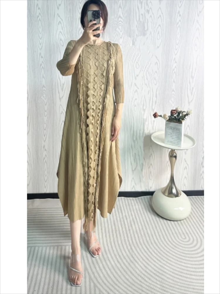 Miyake Pleated Dress for Women 2025 New Solid Color O Neck 3/4 Sleeve Hollow Tassel Loose and Elegant Mid-length Pleated Skirt