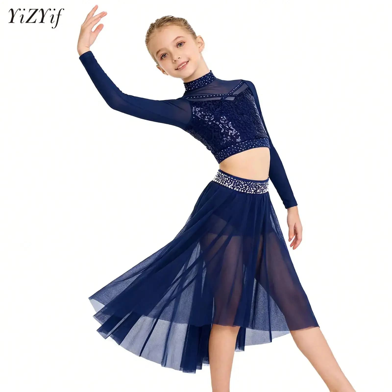 Completo da Danza per Ragazze Adolescenti: Ginnastica, Pattinaggio su Ghiaccio, Balletto, Danza Lirica e Contemporanea - Set con Top Corto con Strass e Gonna a Rete con Orlo Asimmetrico