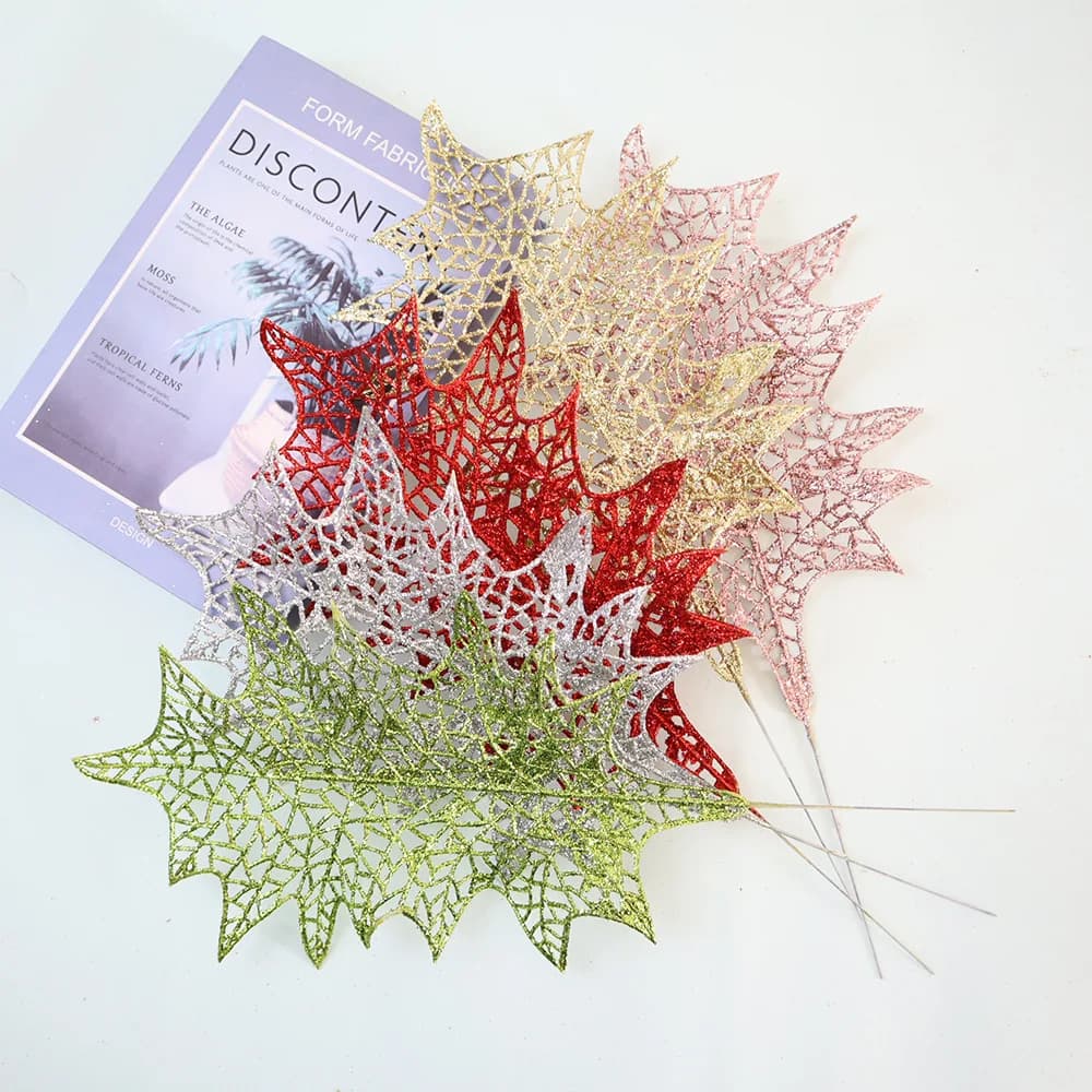 Artificial Turtle Leaves with Golden Glitter, Fake Turtle Leaves, Festival Christmas Tree Hanging Decor, Simulation Plant Branch