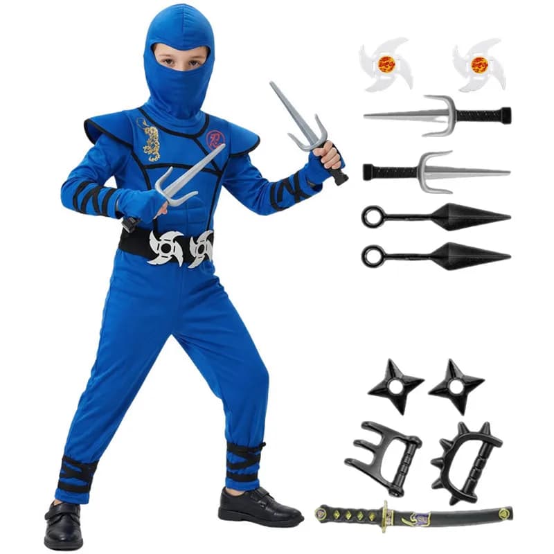 Costume da ninja nero e blu per bambini Vestito da festa cosplay di Halloween con maschera Giocattolo regalo per costume da festa per ragazzi e ragazze
