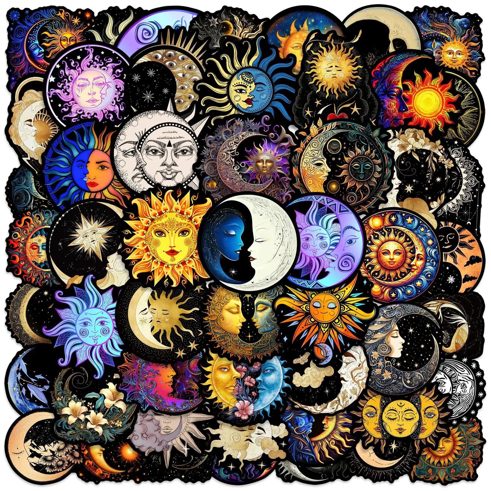 50 Pezzi Adesivi Artistici Luna e Sole, Adesivi Fai-da-Te per Scrapbooking, Telefono, Valigie, Skateboard, Impermeabili