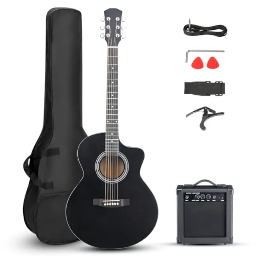 Chitarra Acustica Elettrica Full Size con Amplificatore da 15W, Corpo in Legno da 41 Pollici, Kit per Principianti Adulti con Borsa da Trasporto, Tracolla, Plettri e Capotasto, Nera
