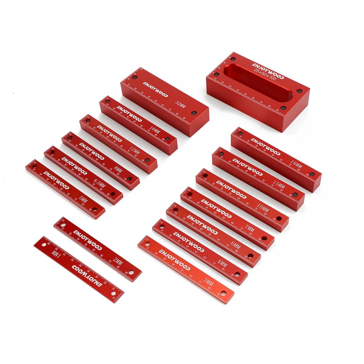 ENJOYWOOD 16PCS Set di blocchi di misurazione metrica Strumento per la lavorazione del legno Lega di alluminio Misurazione di precisione Colore rosso Comodo spazio di archiviazione
