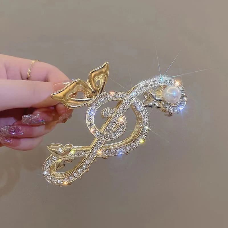 Fermagli per capelli da donna eleganti a forma di nota musicale, con strass di lusso, accessorio a pinza per coda di cavallo, accessorio per capelli da ragazza