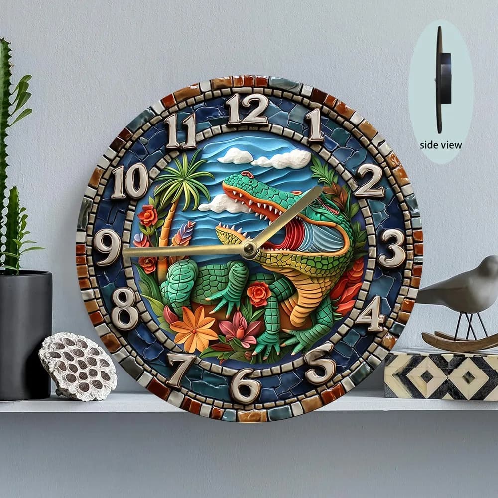 1pc 2D Flat Wall Clock with Quiet Quartz Movement - Gator Design (Alligator-Themed) Large Easy-to-Read Hands & Face, Battery-Pow
