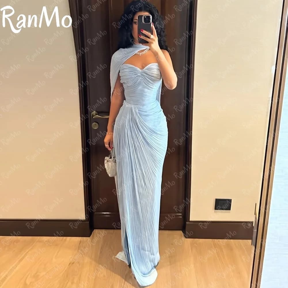 Ranmo Nuovo abito da sera blu con scollo a cuore Abito da festa con sciarpa a pieghe senza maniche Lato a cuore per abito per occasioni speciali personalizzato