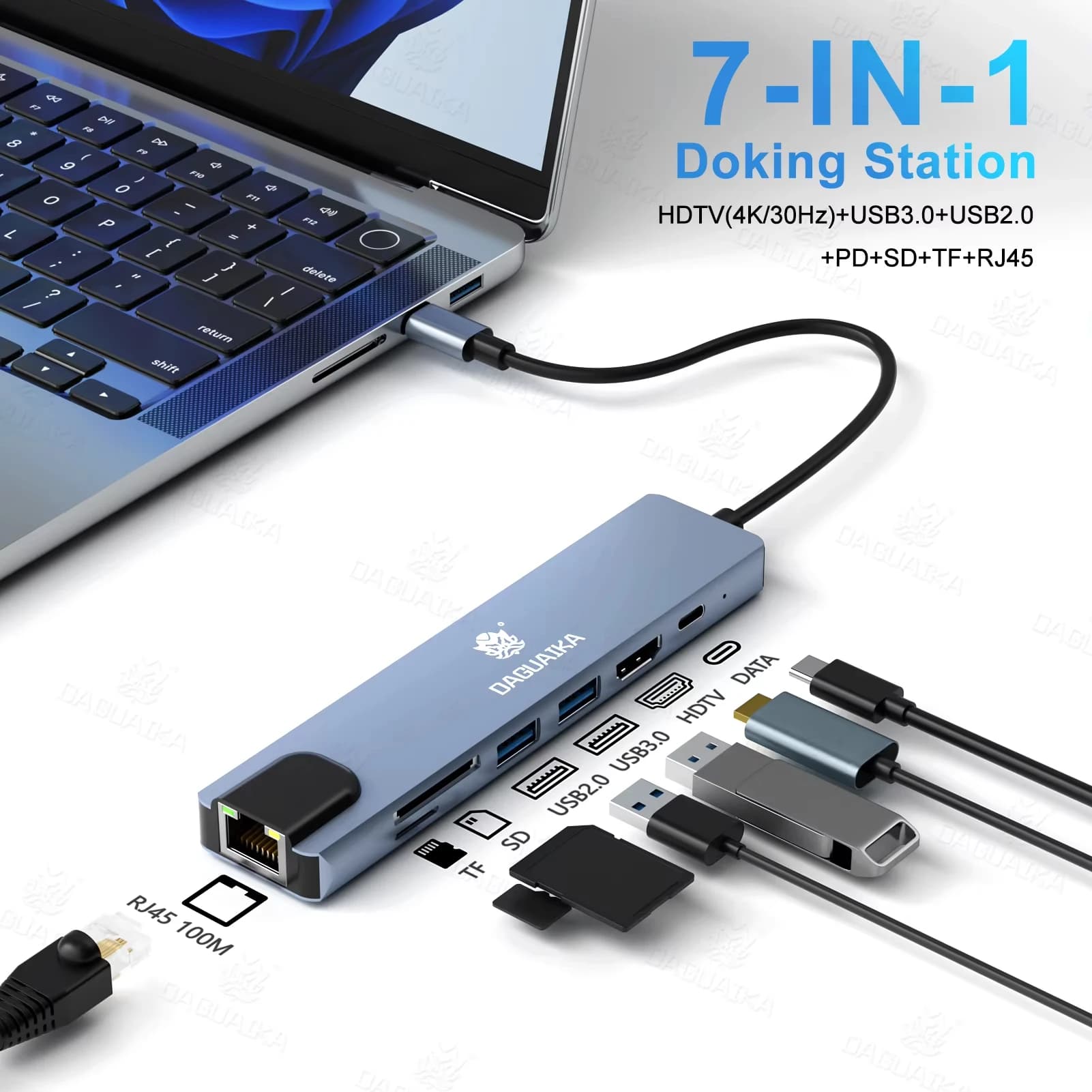 Docking station 7 in 1 di tipo C con lettore di schede SD TF Porte Ethernet PD USB 3.0 e porte USB 3.0 2.0 per MacBook Pro Air HP XPS