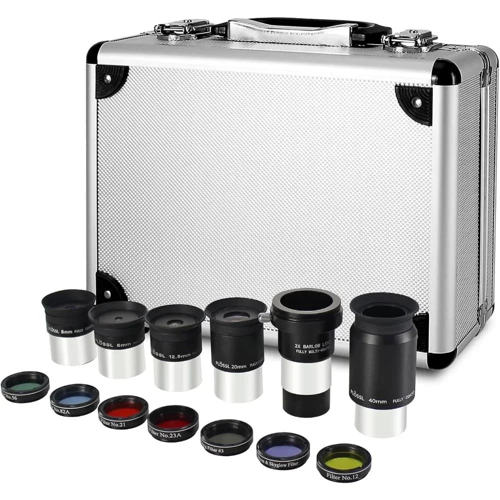 Kit Completo di Accessori per Telescopio con Cinque Oculari Plossl, Lente Barlow 2X, Sette Filtri e Custodia per il Trasporto
