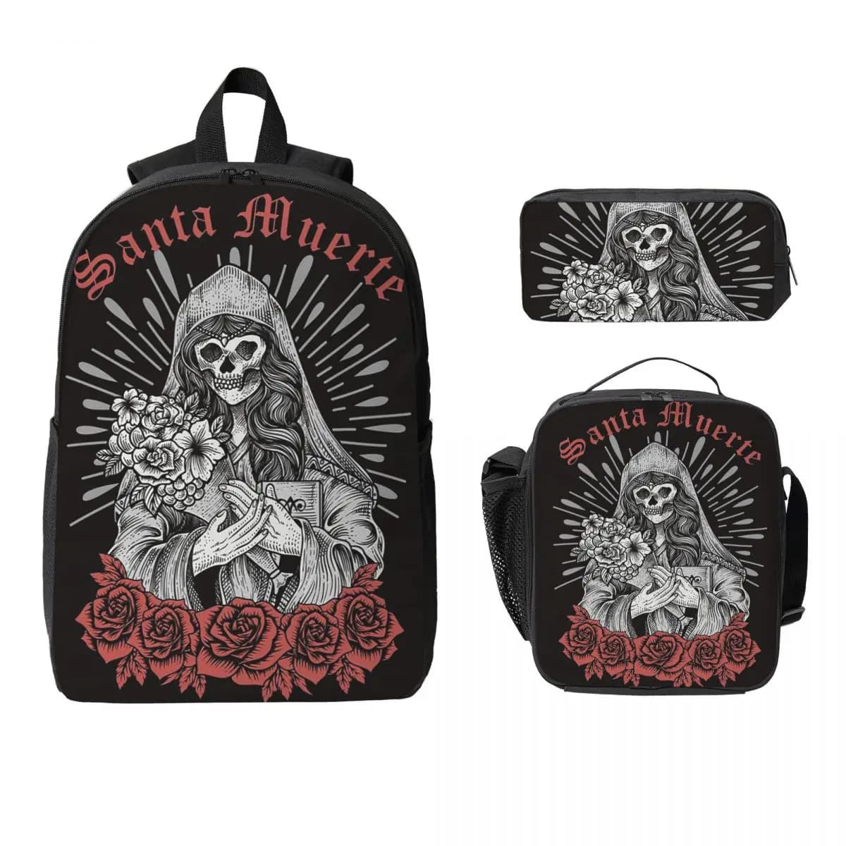 Zaino spagnolo Santa Muerte Studente Ragazzi Ragazze BookBag Borsa da scuola Borse a tracolla per computer Borsa da pranzo isolata 3ps Astuccio