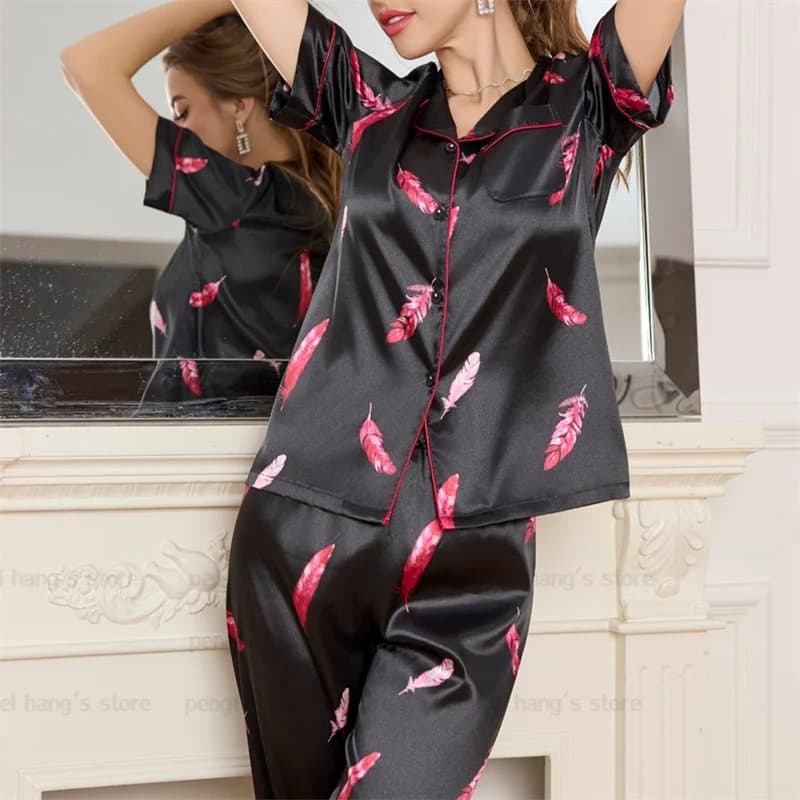 Pijama with animal print Set short sleeve shirt with twisted women's pants Rayon nightwear Summer pyjama New clothes for home Pijama Mujer