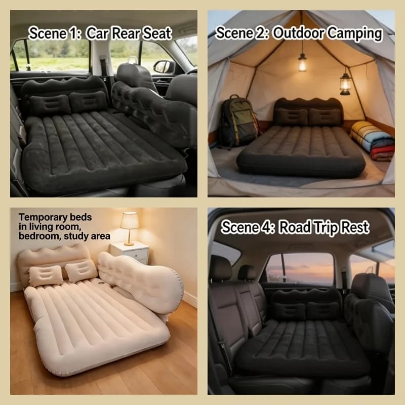universal inflatable car mattress soft flocked back seat sleep pad with air pump and pillows foldable travel bed fits suv, sedan