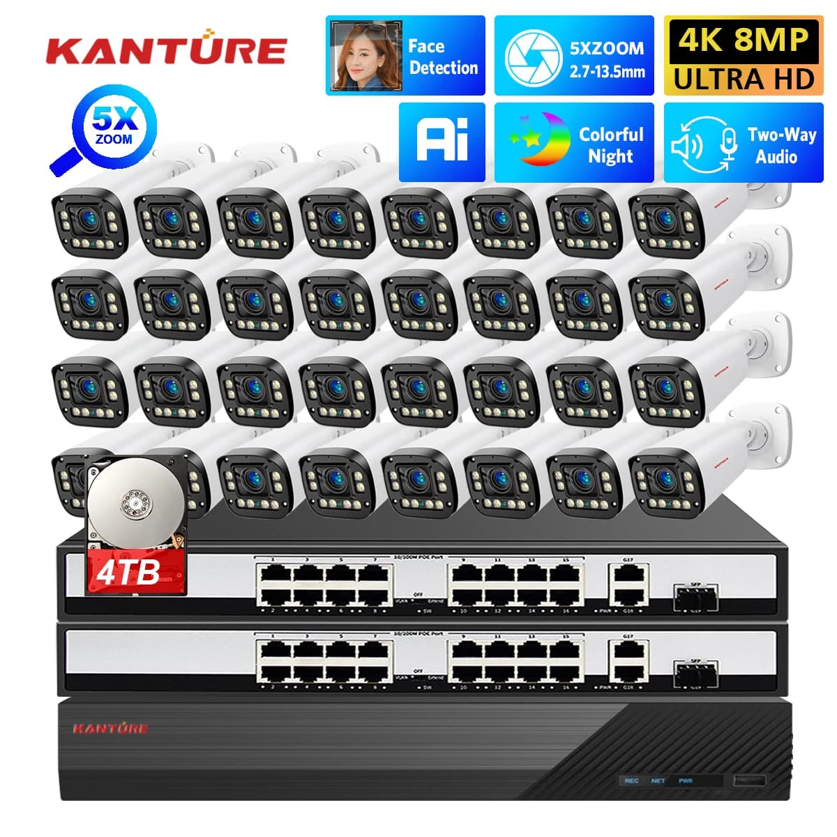 XMEYE 32CH 4K Camera Kit 5X Optcial Auto Zoom 8MP Ai Face Detect Audio bidirectional security system Video waterproof P2P Onvif NVR