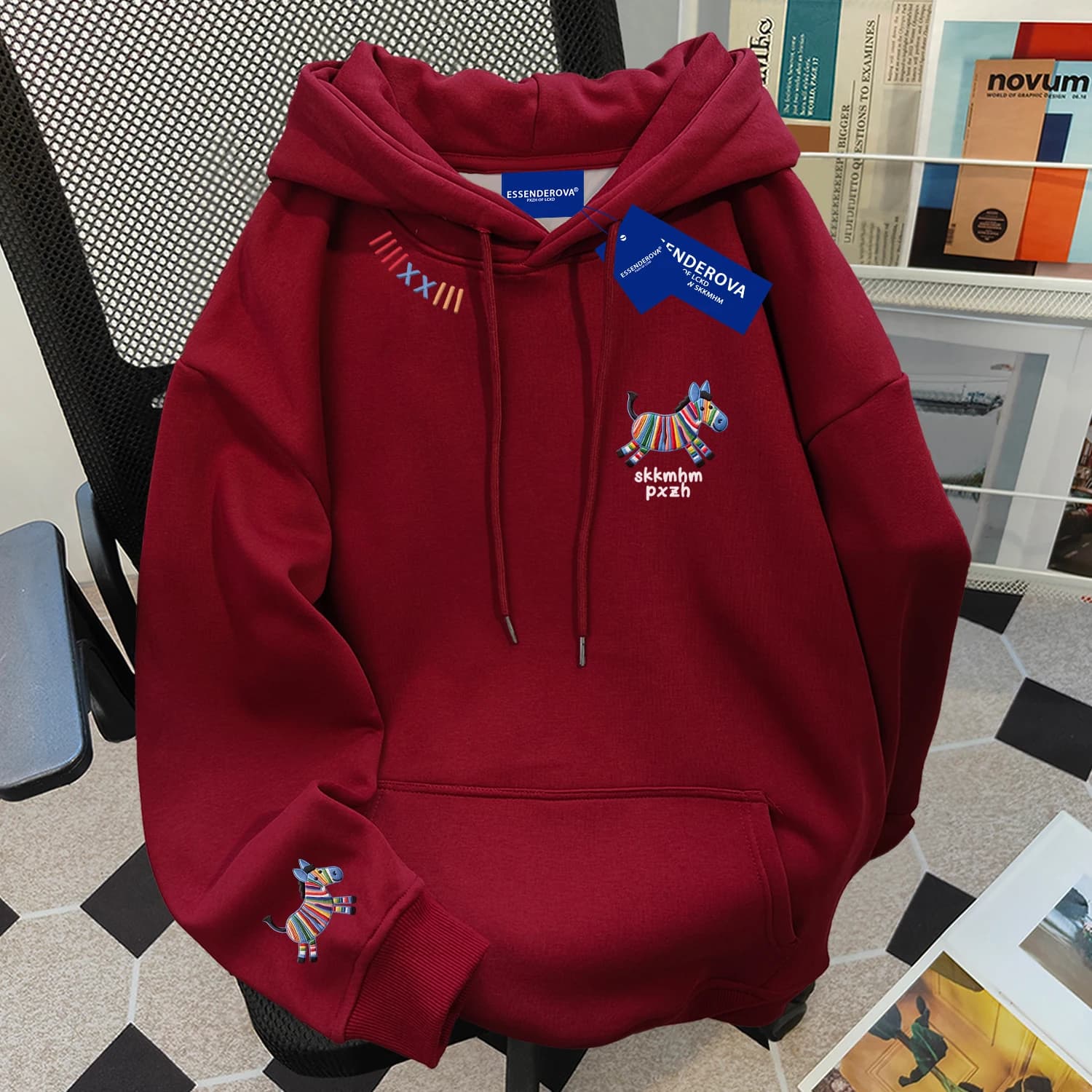 Year Design Hoodie Long Sleeve Letter Print Women's Fun Couple Spring Red Wine Color Loose Fit Polyester Cotto...