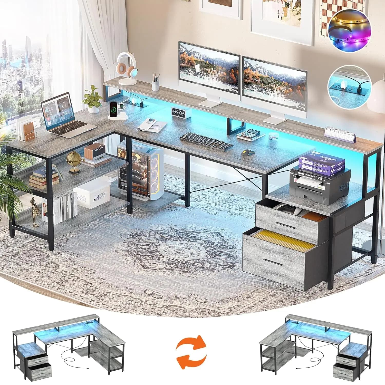 Scrivania a L con Presa di Corrente, Scrivania per Computer a L Reversibile con Cassetto Portadocumenti e Supporto Monitor, Scrivanie da Gaming Personalizzabili