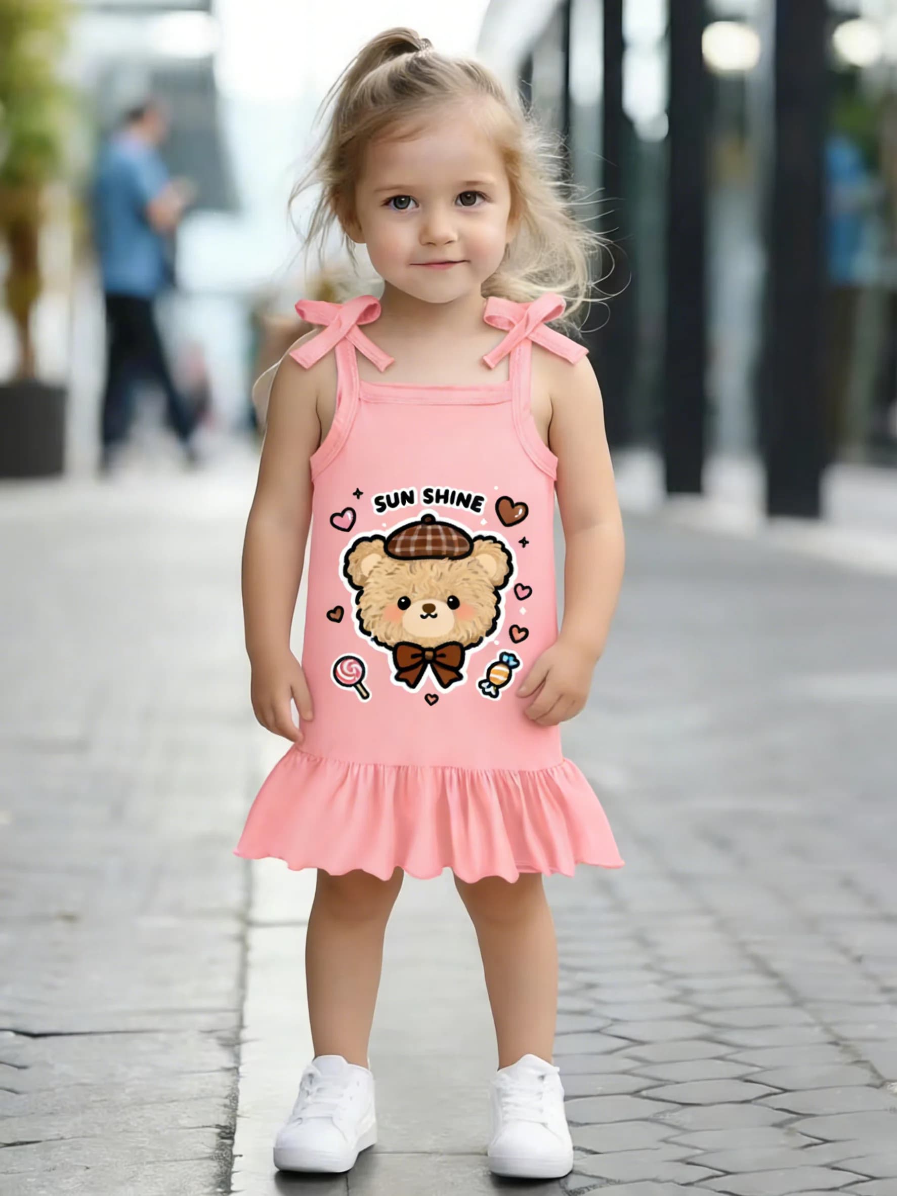 Pink Suspender Bear Print Dress Baby Girl Sweet Style Summer New Arrival