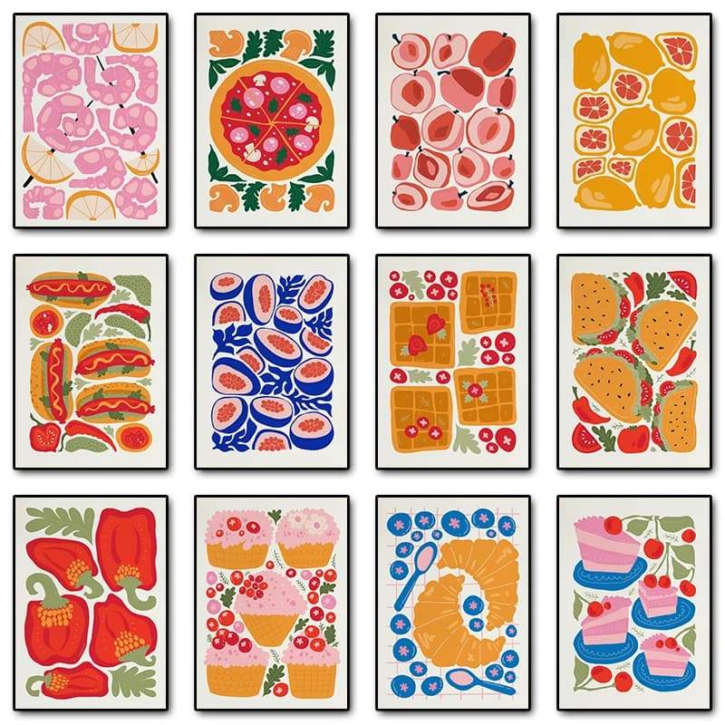 Hot Dog Hamburger Pizza Cake Food Abstract Poster Print Canvas Painting Wall Art Picture cucina sala da pranzo estetica Decor