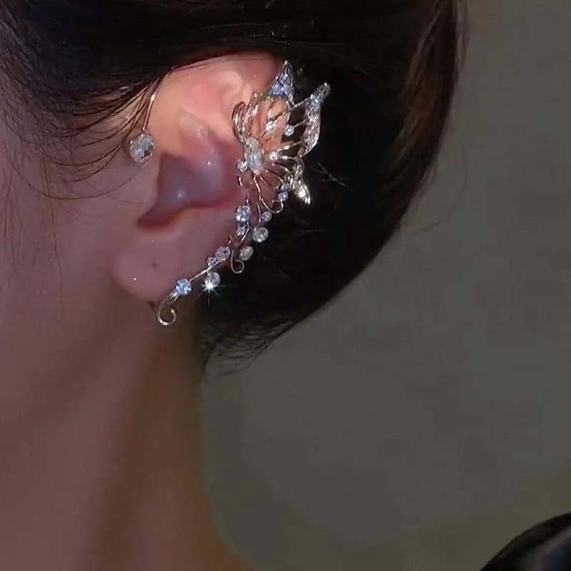 Korean Elf Butterfly Ear Cuff without penetrating clip earrings for women Elegant wedding jewelry with sparkly crystal ear clip with zircons