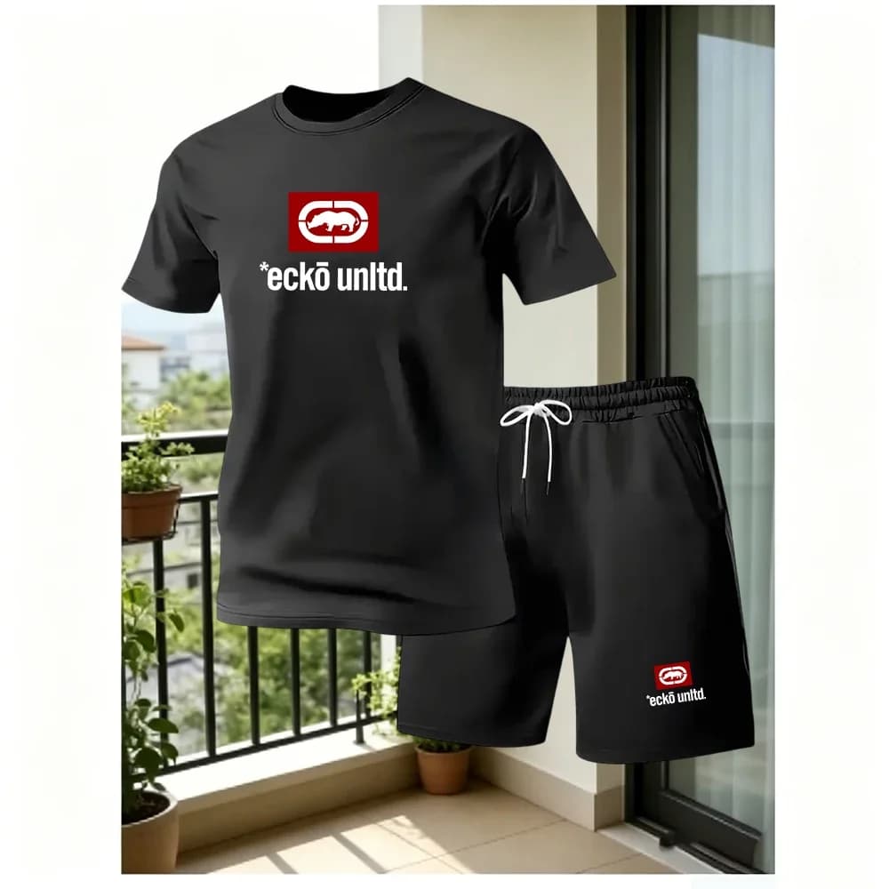 Men's Summer Breathable Sportswear Round Neck Short Sleeved Five Quarter Shorts Lightweight and Comfortable Sports Style Set