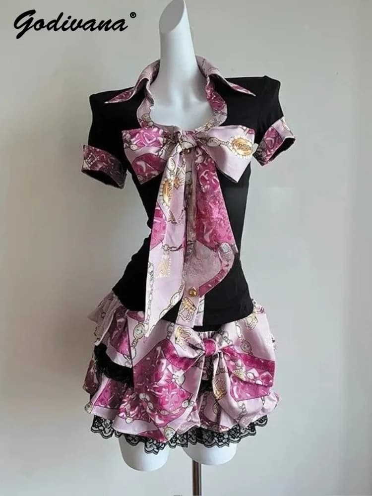 Completo Top e Gonna Stile Giapponese Gal Ji, Nuovo Completo Estivo Dolce e Fresco per Ragazze, Top a Maniche Corte con Fiocco Grande e Lacci, Gonna a Strati